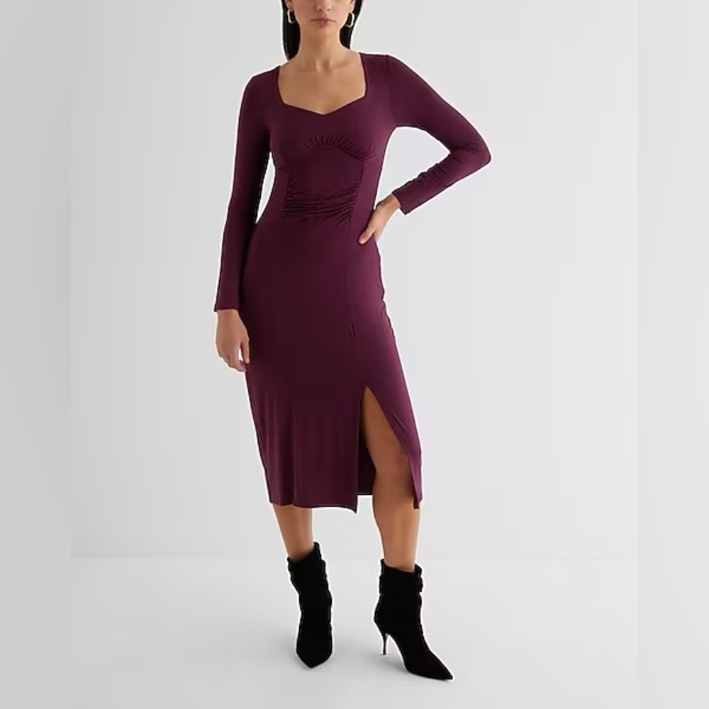Express Purple Sweetheart Long Sleeve Ruched Side Slit Midi Dress - Picture 9 of 9
